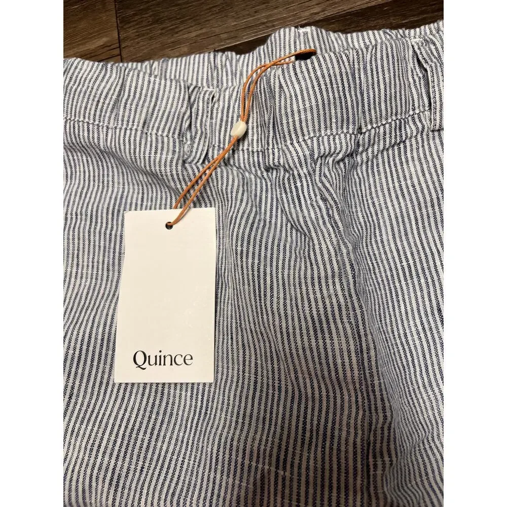 Quince 100% European Linen Pants S Blue Pinstripe Coastal Cropped Ankle Pull On